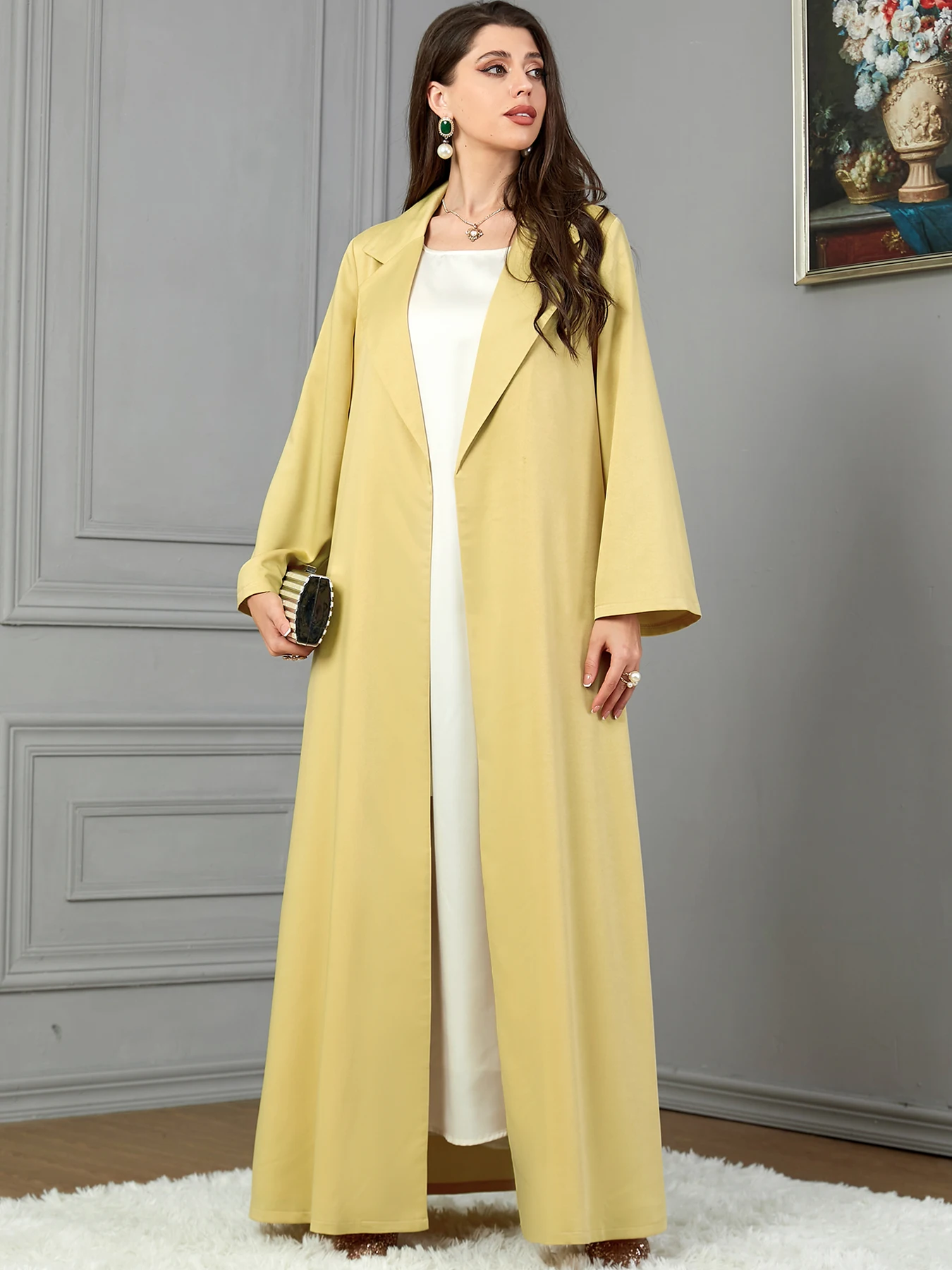 

Autumn Abaya Long Trench Coat Turndown Collar Muslim Women Cardigans Winter Dubai Saudi Islamic Clothing Overcoat Ramadan Eid