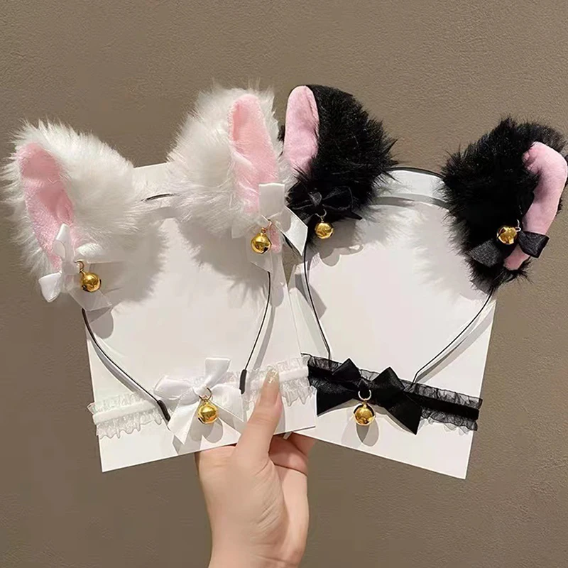 

Women Sexy Cat Ears Headband Girls Lace Bow Necklace Plush Bell Hairpin Cosplay Masquerade-Party Costume Hair Accessories