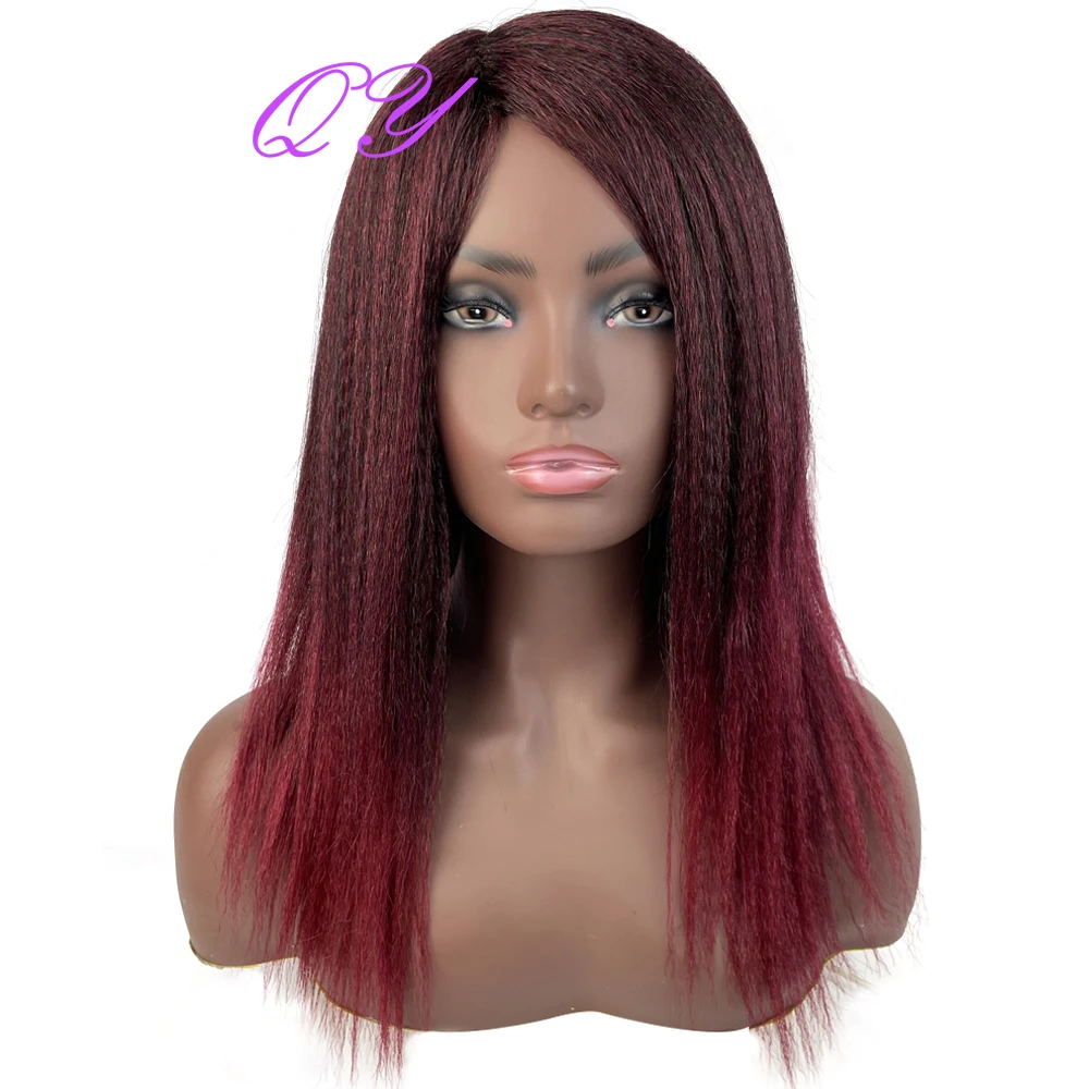 

Synthetic Afro Straight Hair Yaki Wig 20 Inch Wine Red Wigs For African Women With Side Part Natural Soft Daily Female Wig