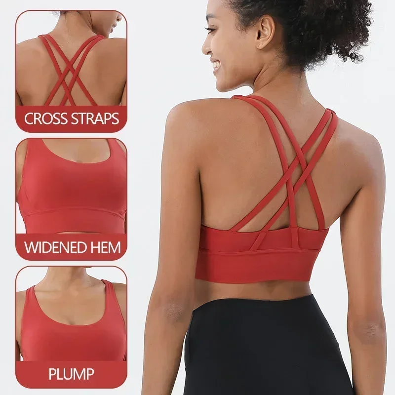 

Lulu Comfy Wide Hem Sports Bra For Women Gym Back Cross Strappy Fitness Vest Wirefree Padded Medium Support Yoga BrasTop