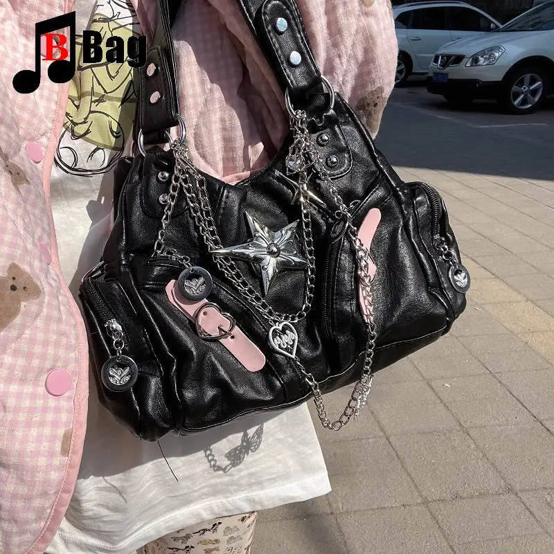 

Y2K Gothic Women's Lolita Spicy Girls Punk One Shoulder Handbags Harajuku Soft Leather Chain Locomotive Diagonal Span Bag Totes