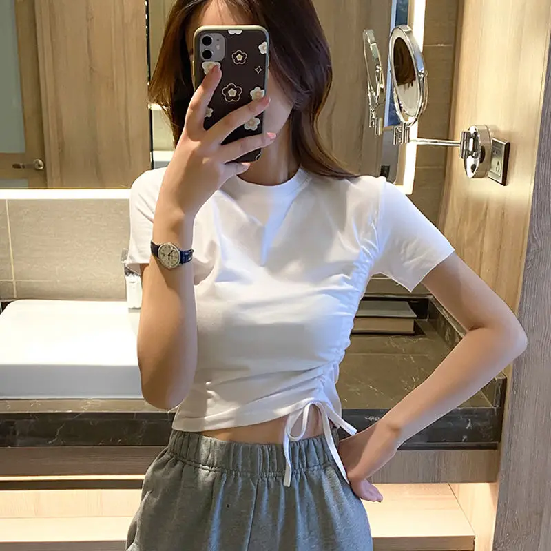 T-shirt White Short-sleeved T-shirt Women's Short High Waist Cropped Navel Half-sleeve T-shirt Tight Drawstring Top
T-shirt White Short-sleeved T-shirt Women's Short High Waist Cropped Navel Half-sleeve T-shirt Tight Drawstring Top