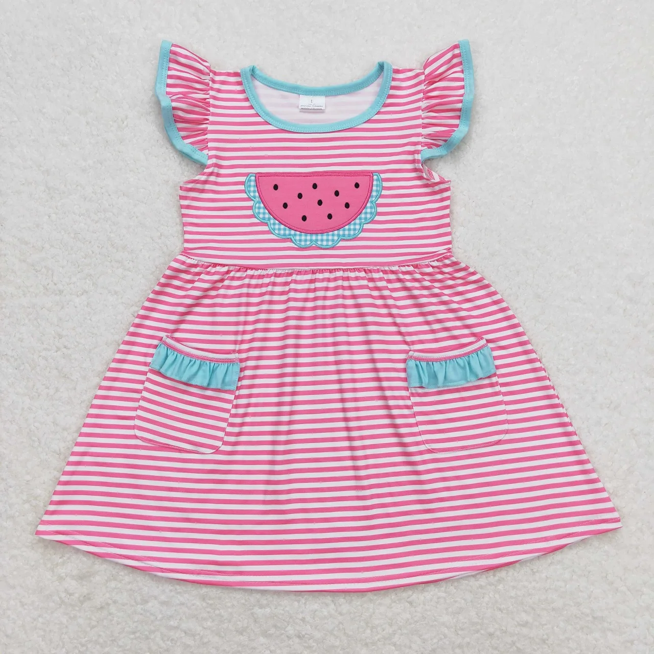 

Wholesale Baby Girl Embroidery Watermelon Dress Toddler Infant Summer Knee Length Kids Children Short Sleeves Stripes One Piece