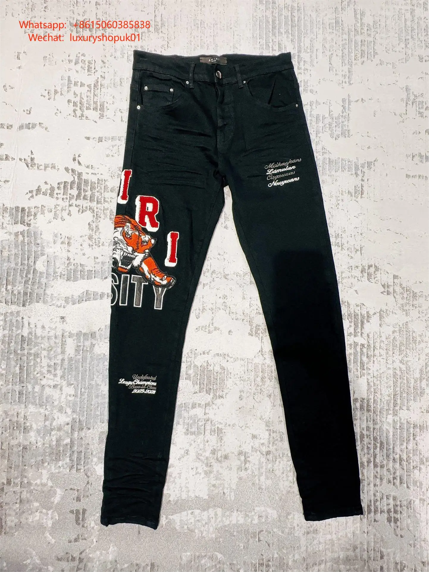 

High Street Tiger Fashion Casual Ripped Jeans Men's Patch Teenagers Cowboy Paint Splash Ink Black Pencil Pants Skinny Jeans Men