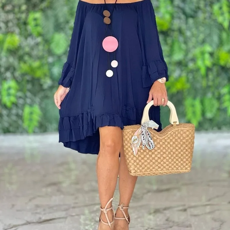 Off Shoulder Ruffles Long Sleeve Casual Dress Women Solid Color Fashion Loose Summer Spring Mini Dress
Off Shoulder Ruffles Long Sleeve Casual Dress Women Solid Color Fashion Loose Summer Spring Mini Dress