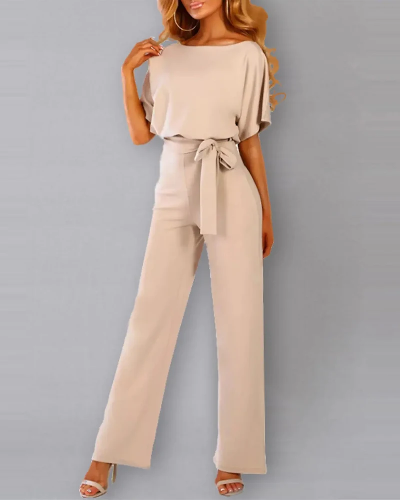 

Summer Women Elegant Short Sleeve Batwing Sleeve Keyhole Back Belted Jumpsuit Office Lady Long Pants Oversized One Piece Suit