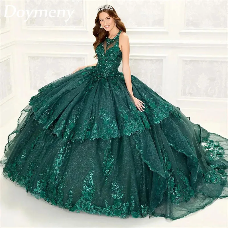 

Doymeny Women’s Sparkle Sequined Quinceanera Dress 3D Flowers Applique Beaded Ball Gowns Sweep Train Vestido de 15 Años Sweet 16