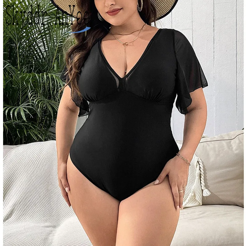 

Plus Size Swimwear 2024 Women Swimsuit One Piece Monokini V-Neck Solid Sexy Tummy Control Bathing Suit