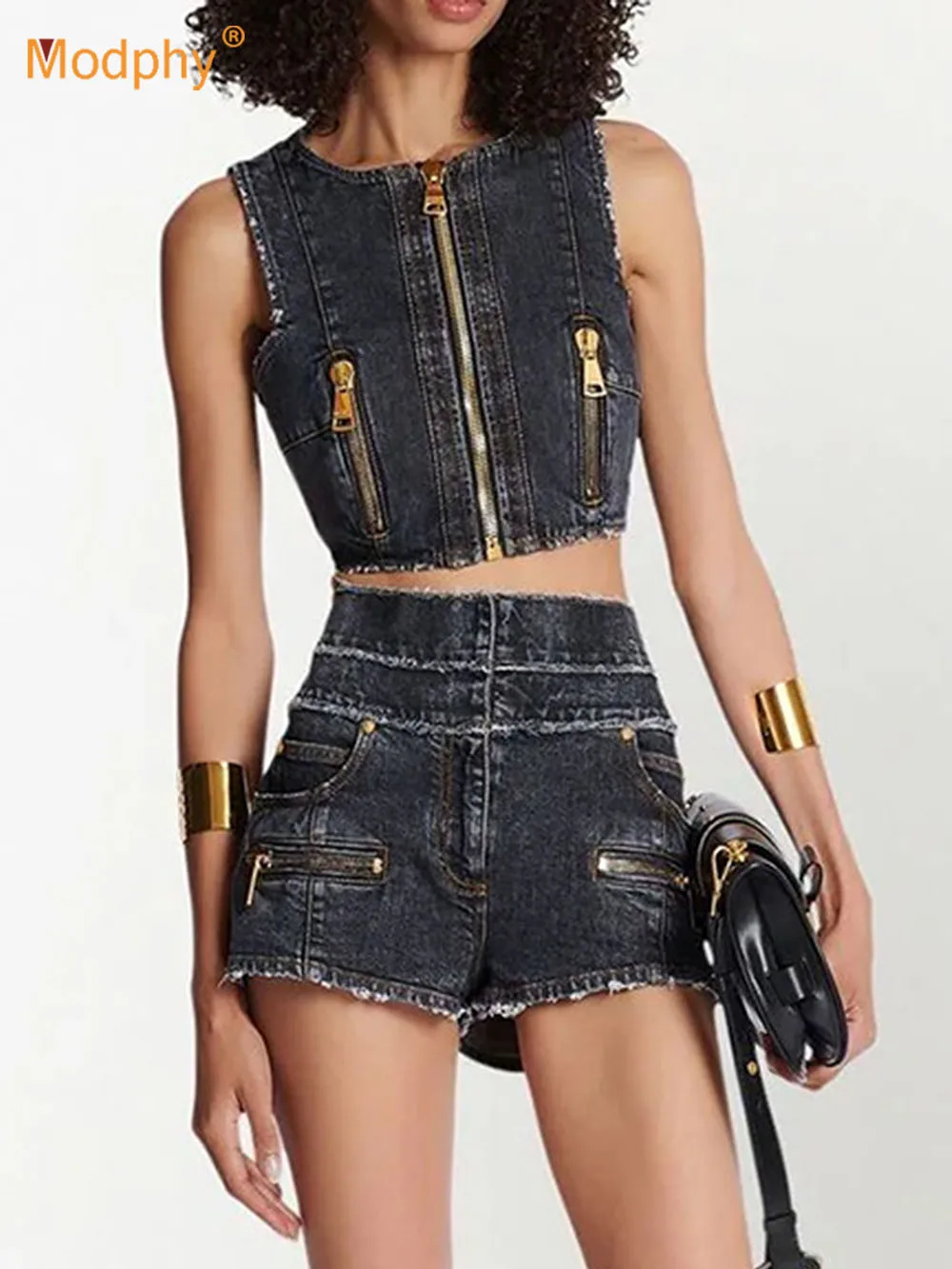 Modphy Summer Jeans Two Piece Set Women Sexy Zipper Sleeveless Denim Crop Top And Denim Shorts Clubwear Suit
Modphy Summer Jeans Two Piece Set Women Sexy Zipper Sleeveless Denim Crop Top And Denim Shorts Clubwear Suit