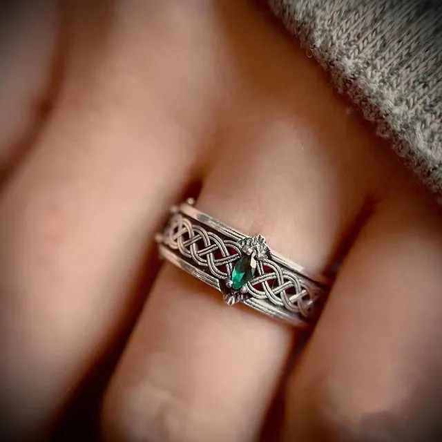 Bague ouverte réglable avec noeud celtique irlandais, pierre précieuse verte, bijoux porte-bonheur vintage, mode pour hommes et femmes 1