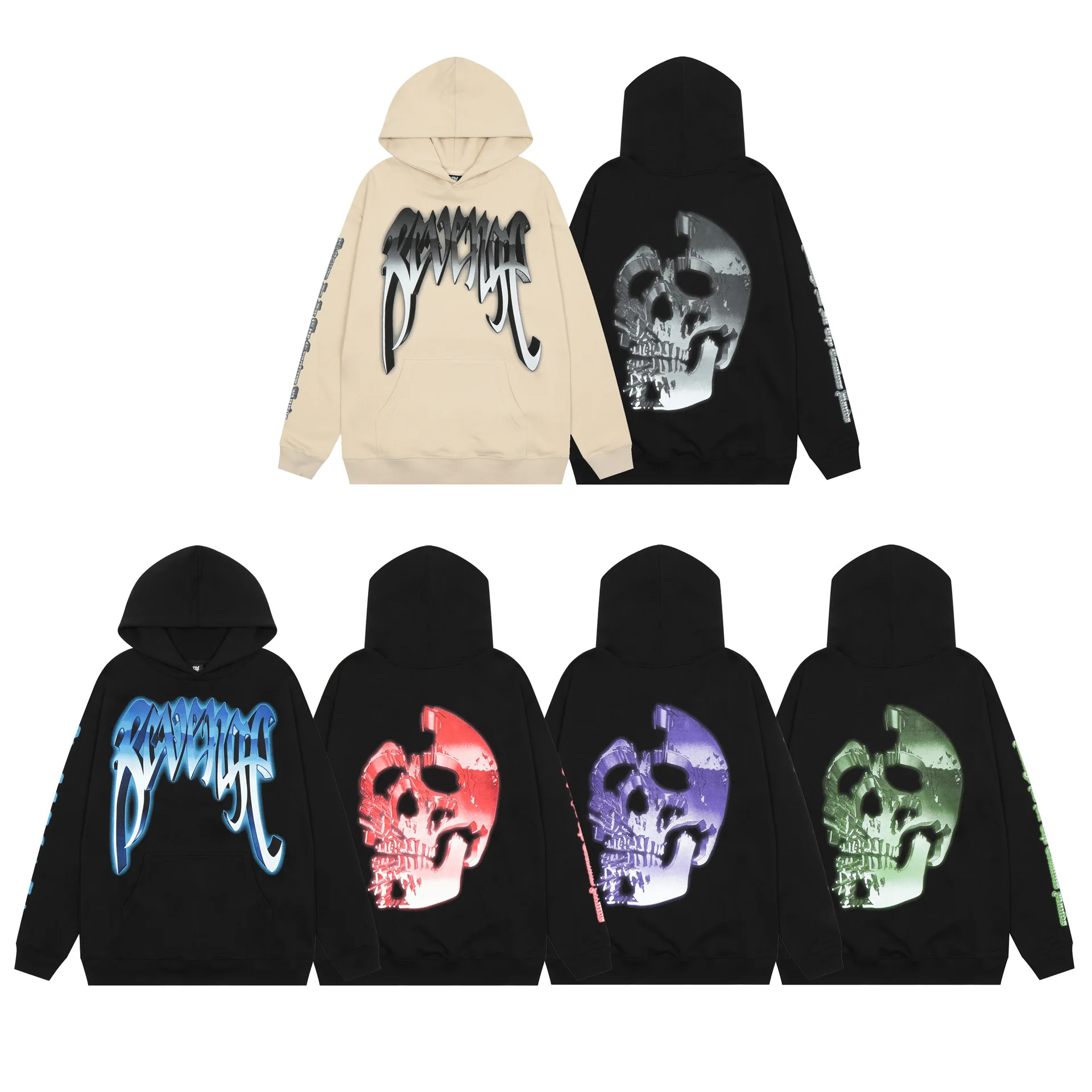 

REVENGE six-color tech mask metal letter skull print crew neck hoodie hoody for men and women