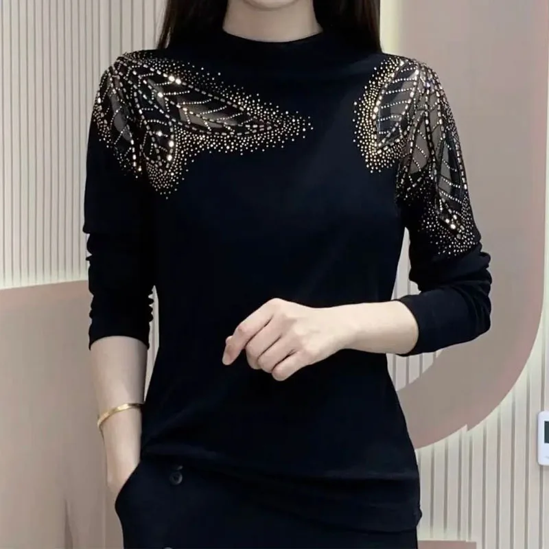 Half High Collar Solid Color Diamonds Patchwork T-shirt Women's Clothing Autumn Winter New Mesh Hollow Out Elegant Fleece Tops
Half High Collar Solid Color Diamonds Patchwork T-shirt Women's Clothing Autumn Winter New Mesh Hollow Out Elegant Fleece Tops