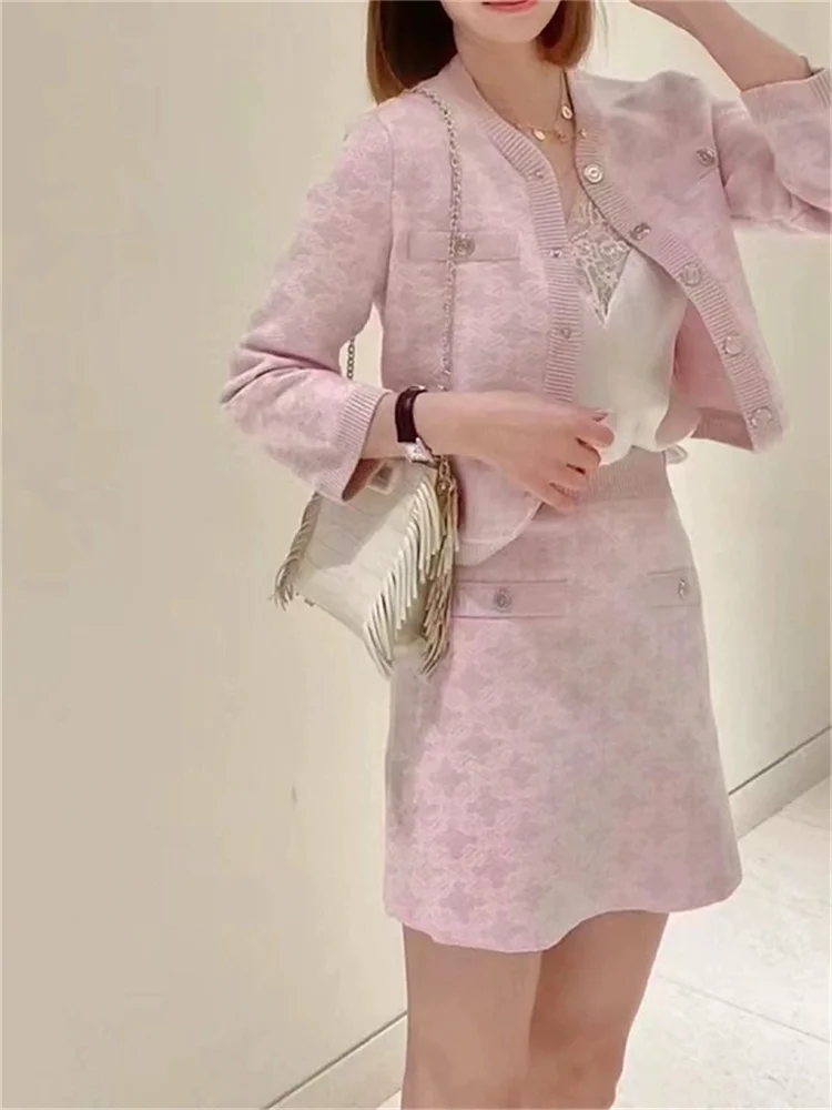 Women Knit Set Pink Geometric Jacquard Short Sleeve Sweater Pullover or Single Breasted Cardigan or A-Line Elastic Waist Skirt
Women Knit Set Pink Geometric Jacquard Short Sleeve Sweater Pullover or Single Breasted Cardigan or A-Line Elastic Waist Skirt