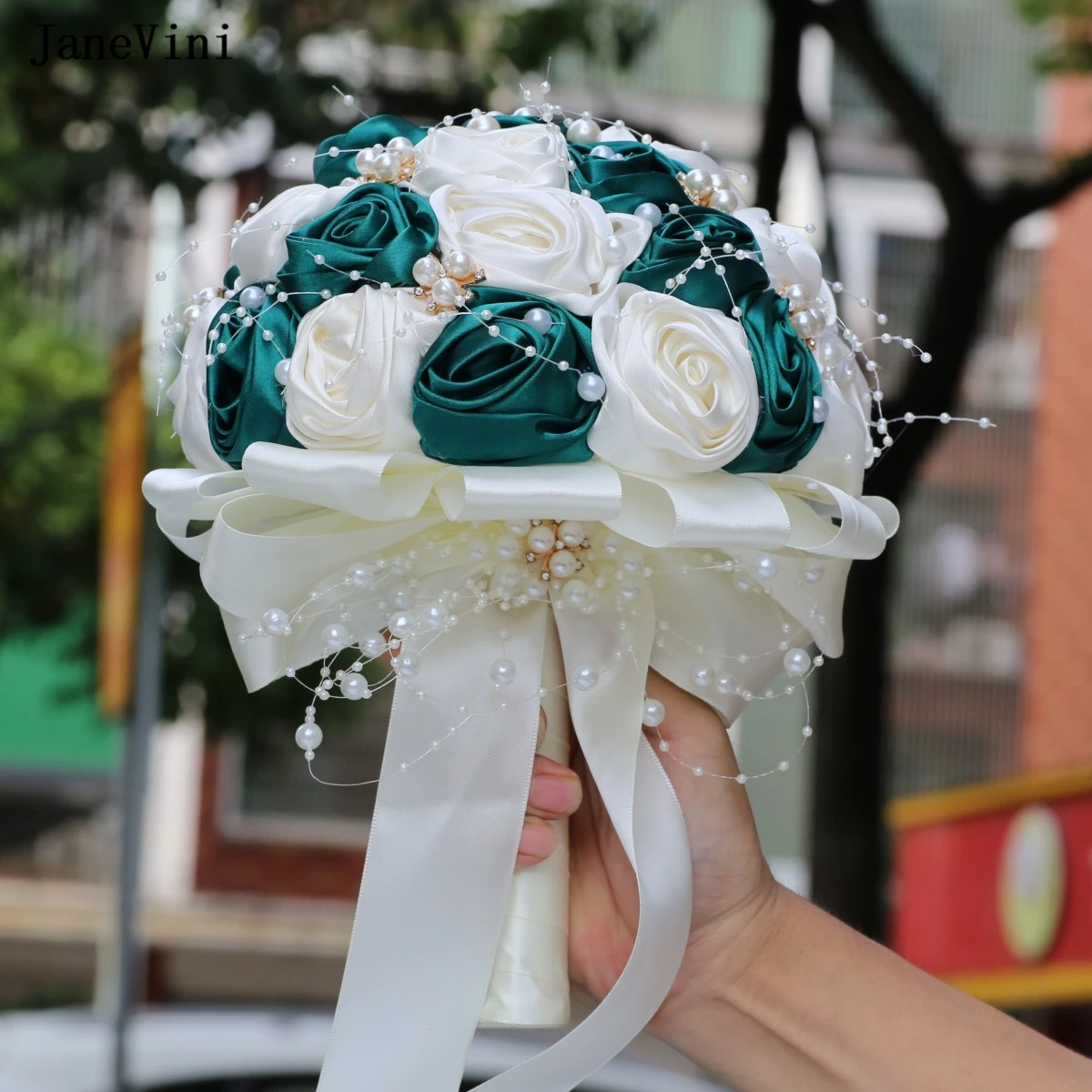 

JaneVini New Dark Green Ivory Ribbon Flowers Stunning Pearls Bridal Bouquets Artificial Satin Roses Wedding Bouquet Accessories