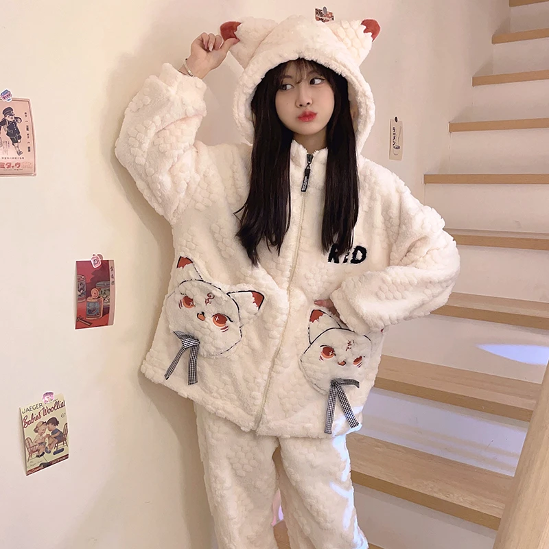 Anime Cat Women Pajamas Sets Winter Thicken Sleepwear Kawaii Hooded Pyjama Pour Femme Zipper Plush Soft Warm Loungewear Pijamas
Anime Cat Women Pajamas Sets Winter Thicken Sleepwear Kawaii Hooded Pyjama Pour Femme Zipper Plush Soft Warm Loungewear Pijamas