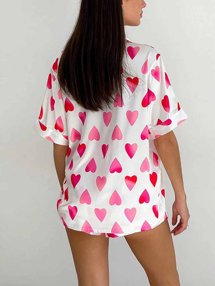 

Women s 2Pcs Pajama Set Short Sleeve Heart Print Loose Shirt Shorts Set Loungewear PJs Sleepwear