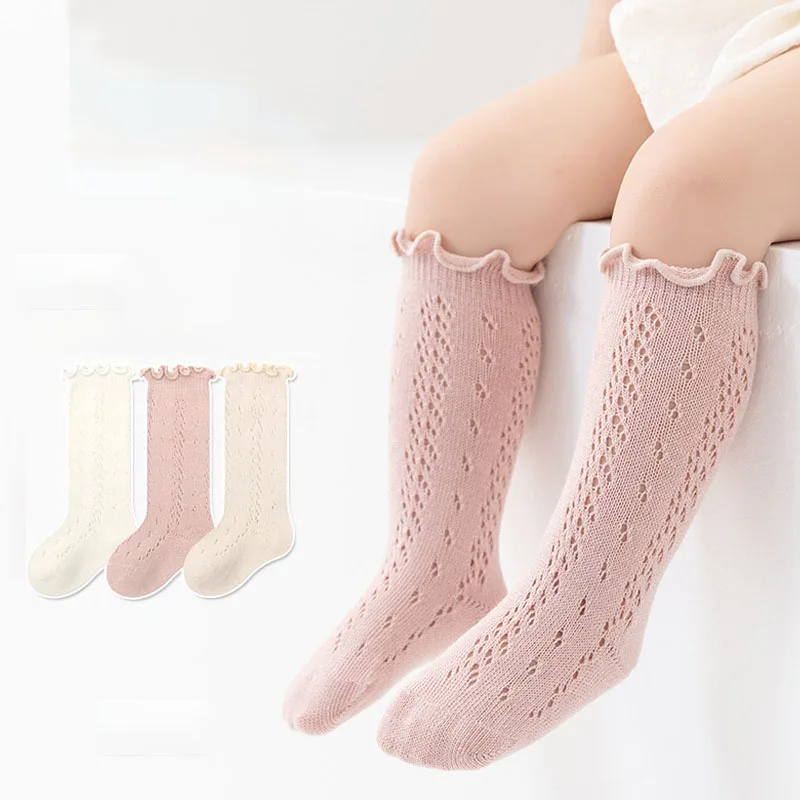 

3 Pairs Baby Girls Socks Summer Solid Lace Knee High Frilly Sock Infant Newborn Toddler Soft Cotton Long Mesh Socken