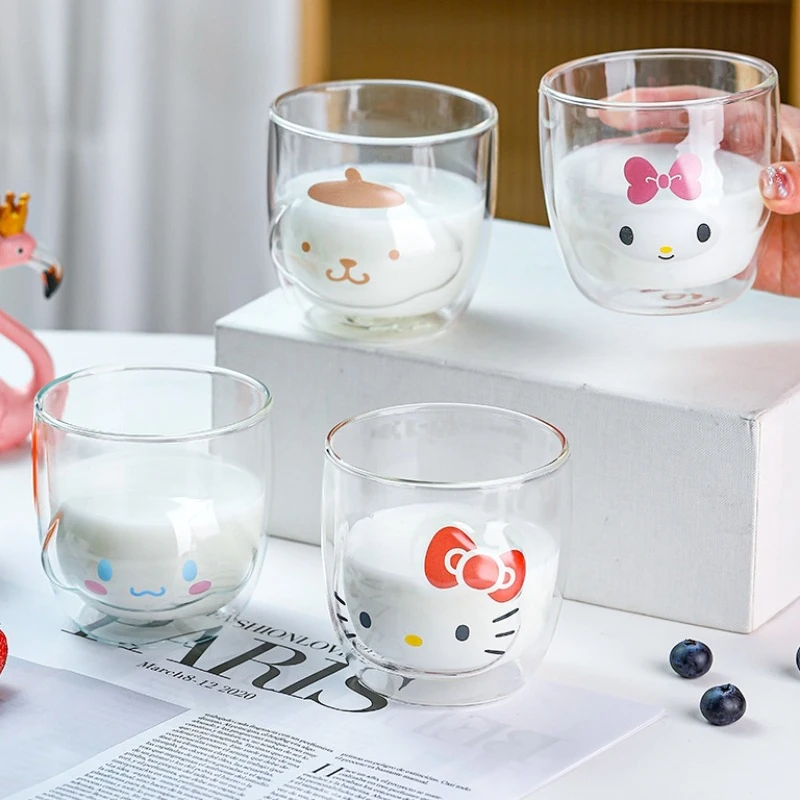 

Sanrio Anime Figure HelloKitty Glass Cup Cute Kawaii Cartoon MyMelody Cinnamoroll Kuromi Double Layer Coffee Milk Friends Gifts