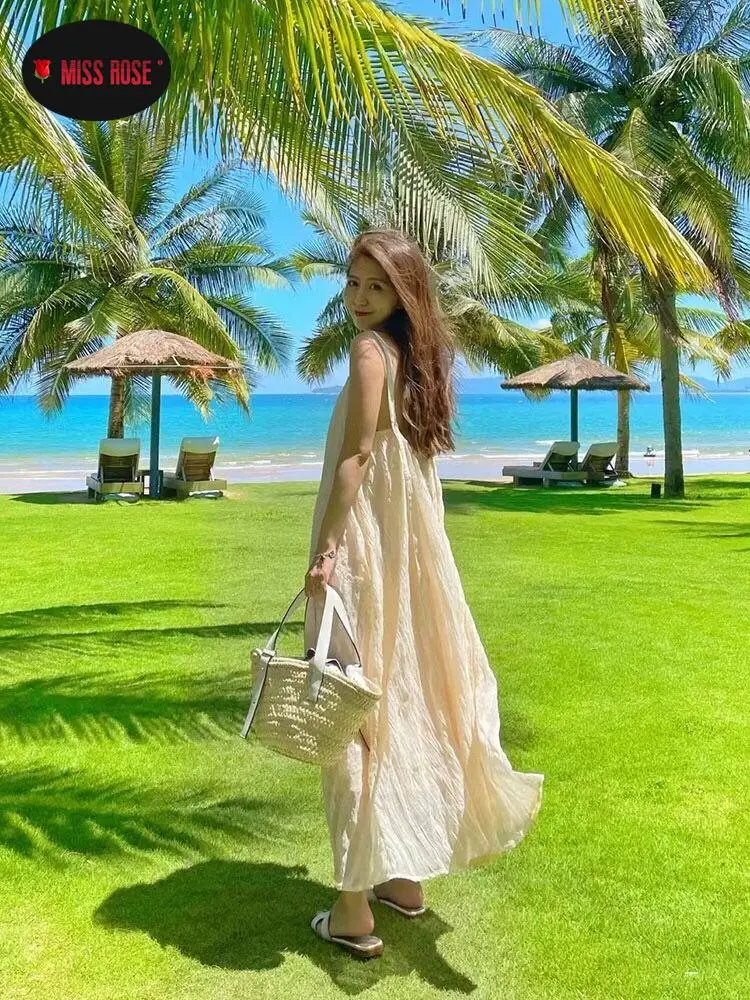 

Simple Relax Fit Beach Holiday Bohemian Sundress Robe Dress Women Striped Sling Loose Long Maxi Dresses Tropical Island Sea Bali