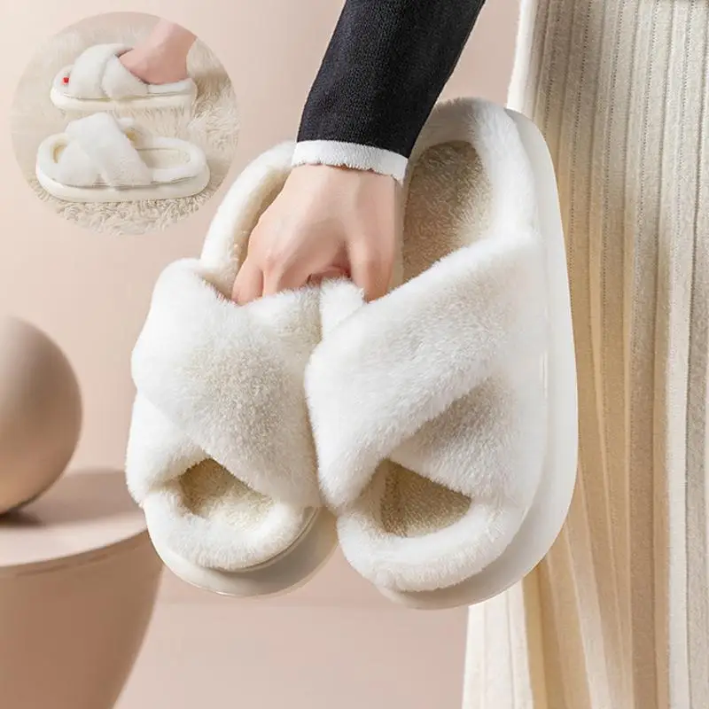 

Women's Platform Fuzzy Home Slippers Winter Open Toe Criss-cross Solid Color Casual Floor Slides Indoor Flat Comfy House Shoes