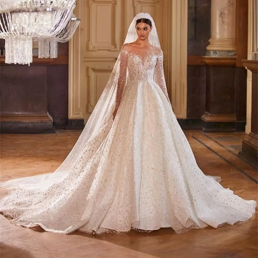 

Shiny A Line Wedding Dresses Long All Beading Crystal Bridal Gown Custom Made Luxury Illusion Sheer Jewel Neck Vestido De Novia