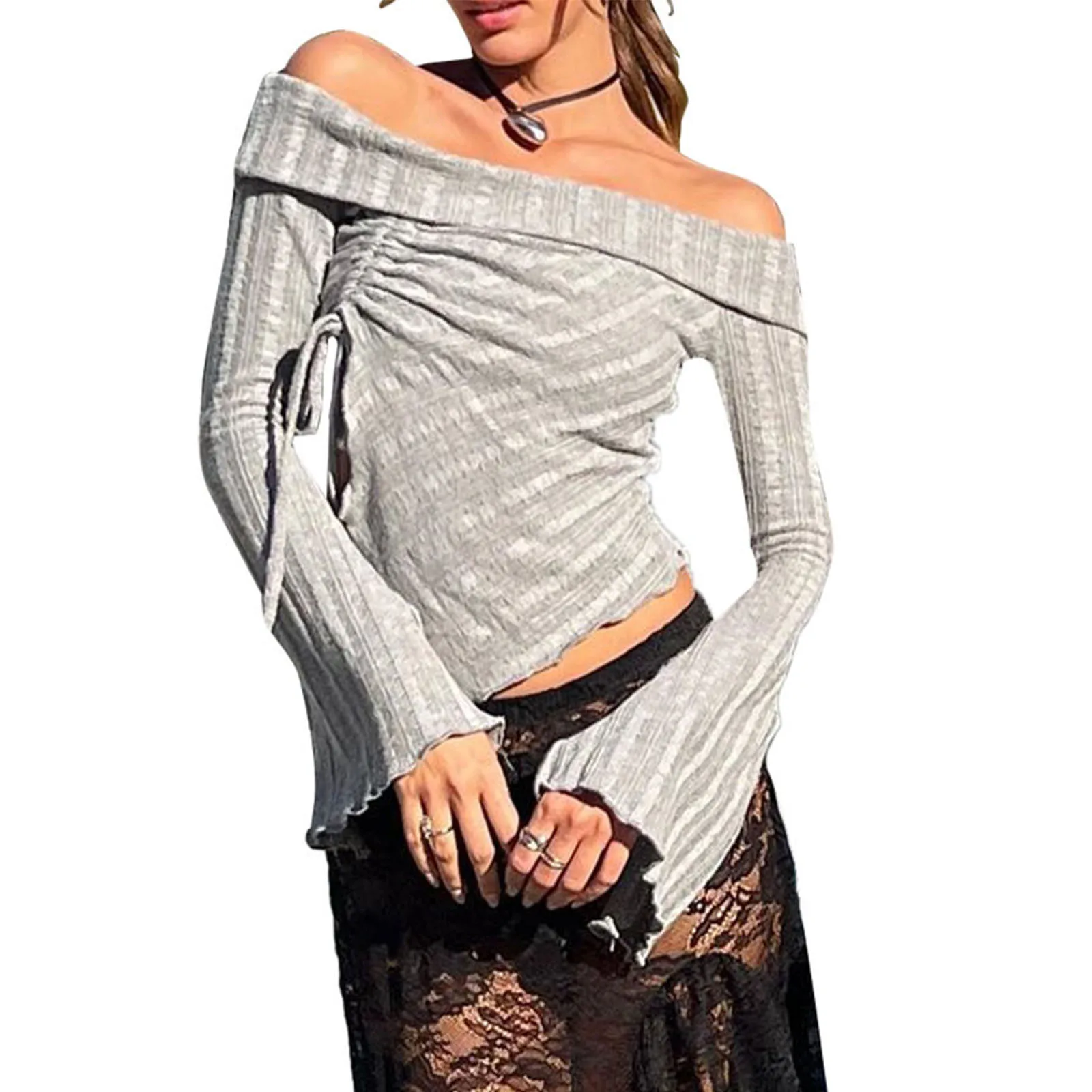 

Осенние женские футболки со шнуровкой и рюшами, женская уличная одежда, трикотажные укороченные топы с открытыми плечами и длинным рукавом и асимметричным подолом, серые