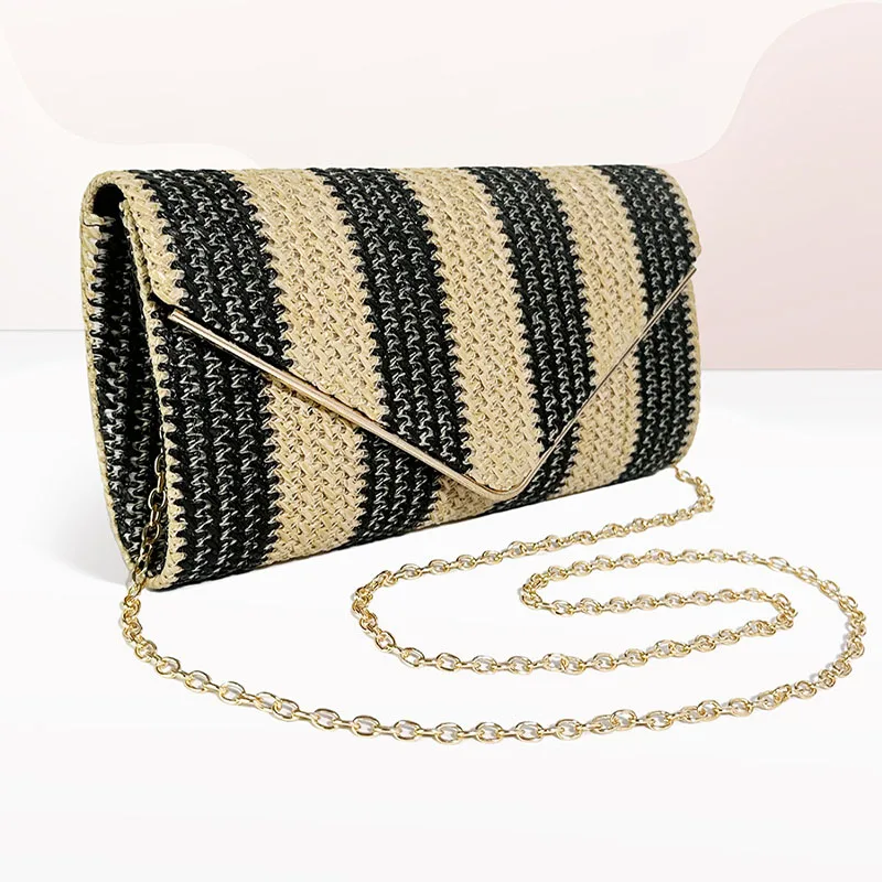 

Striped Woven Envelope Clutch Bag 2024 Summer New Seaside Holiday Bag Clash Colour Splicing Straw Flap Bag Shoulder Chain Purse