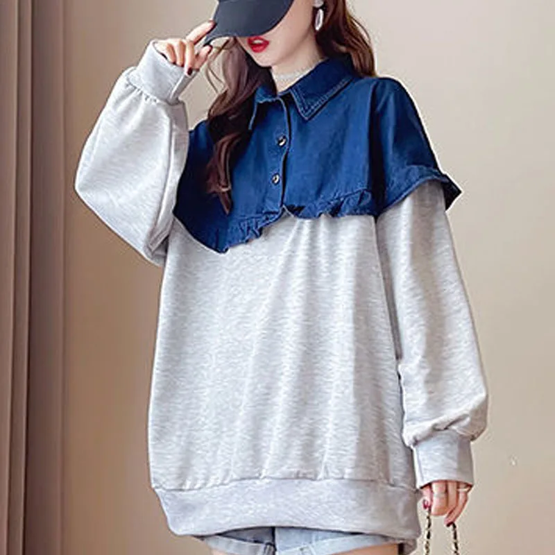 

New Spring and Autumn Fashion Trend Fake Two Piece Denim Ruffle Panel Polo Neck Loose Large Versatile Fat Mm Long Sleeve Sweater