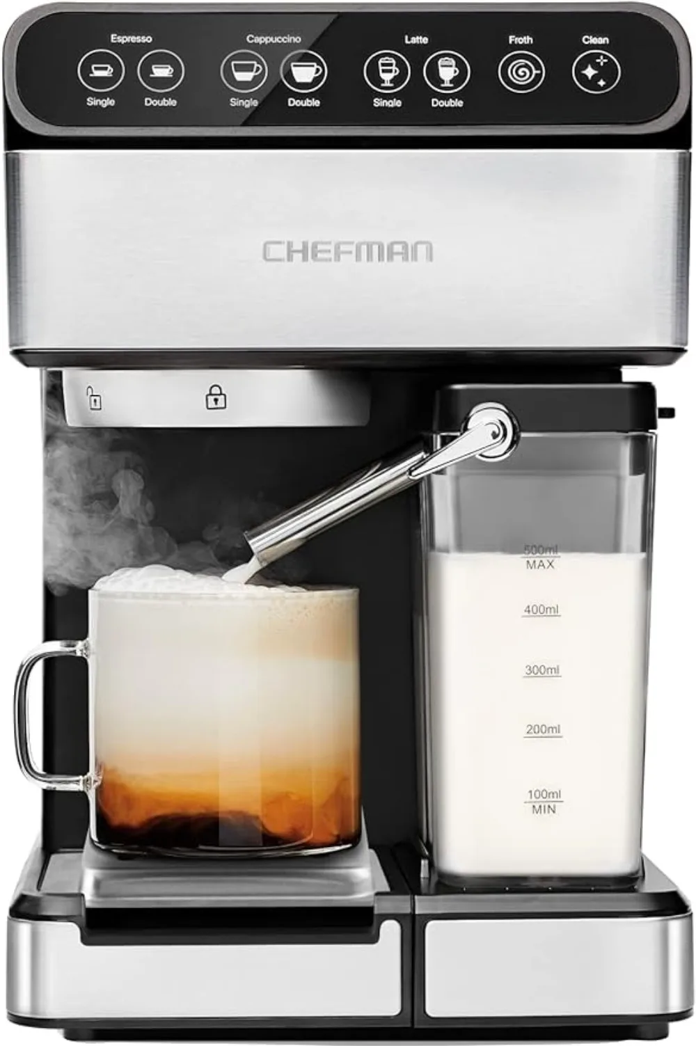 Chefman 6-in-1 Espresso Machine with Built-In Milk Frother,15-BAR Pump, Digital Display,XL 1.8-L Water Reservoir,Stainless Steel
Chefman 6-in-1 Espresso Machine with Built-In Milk Frother,15-BAR Pump, Digital Display,XL 1.8-L Water Reservoir,Stainless Steel