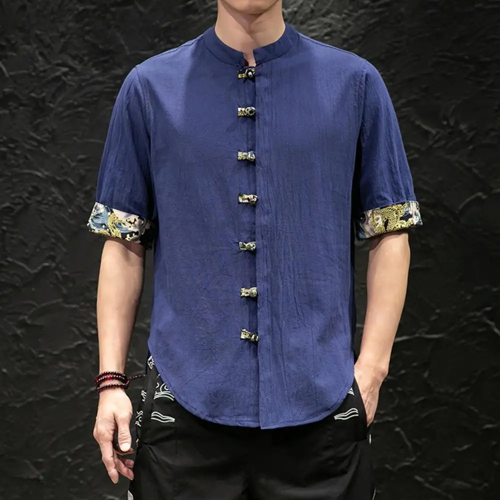 

Chinese Style Shirt Stand-up Collar Shirt Chinese Style Stand Collar Men's Spring Shirt with Printed Cuff Single-breasted Knot