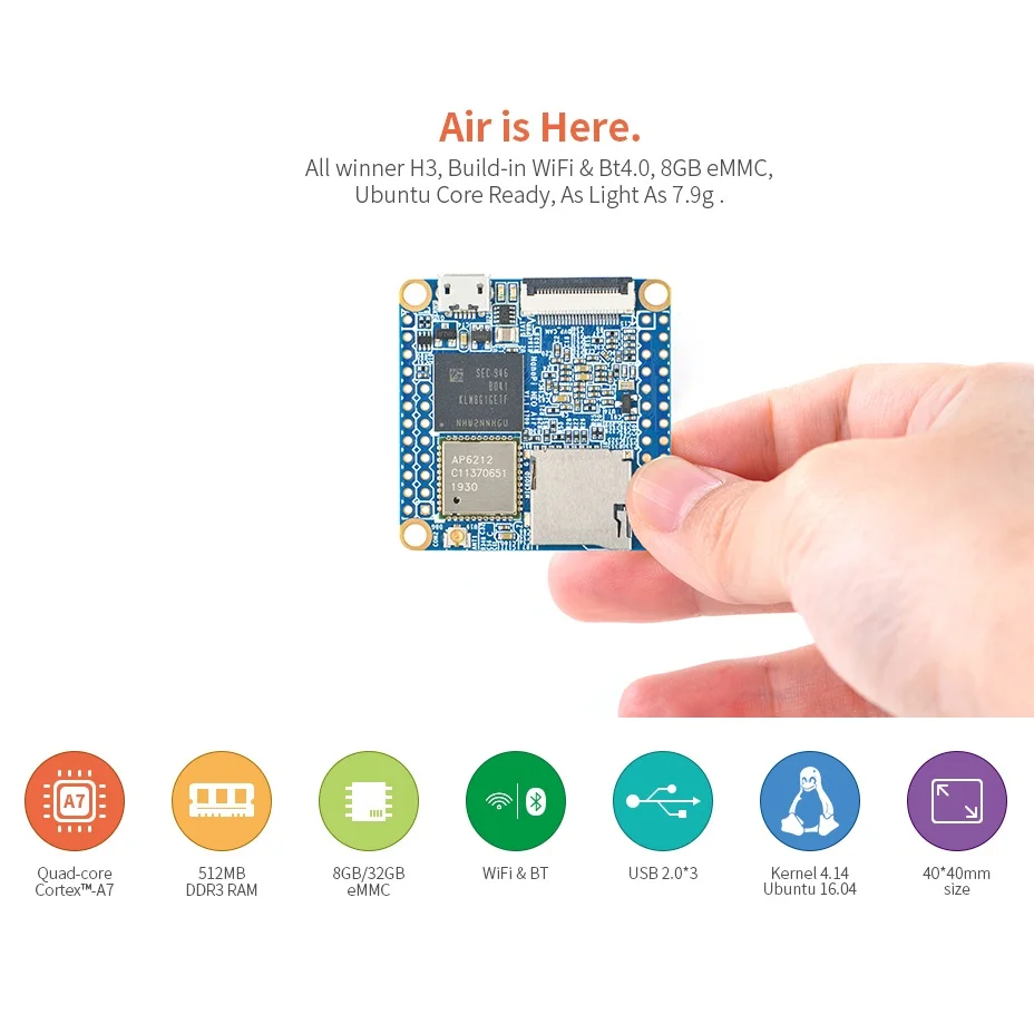 

NanoPi Neo Air Kit 512M RAM/8GB eMMC Allwinner H3 Quad Cortex-A7, 1.2GHz,Wifi&BT,Camera,OpenWRT,Ubuntu Linux Armbian DietPi Kali