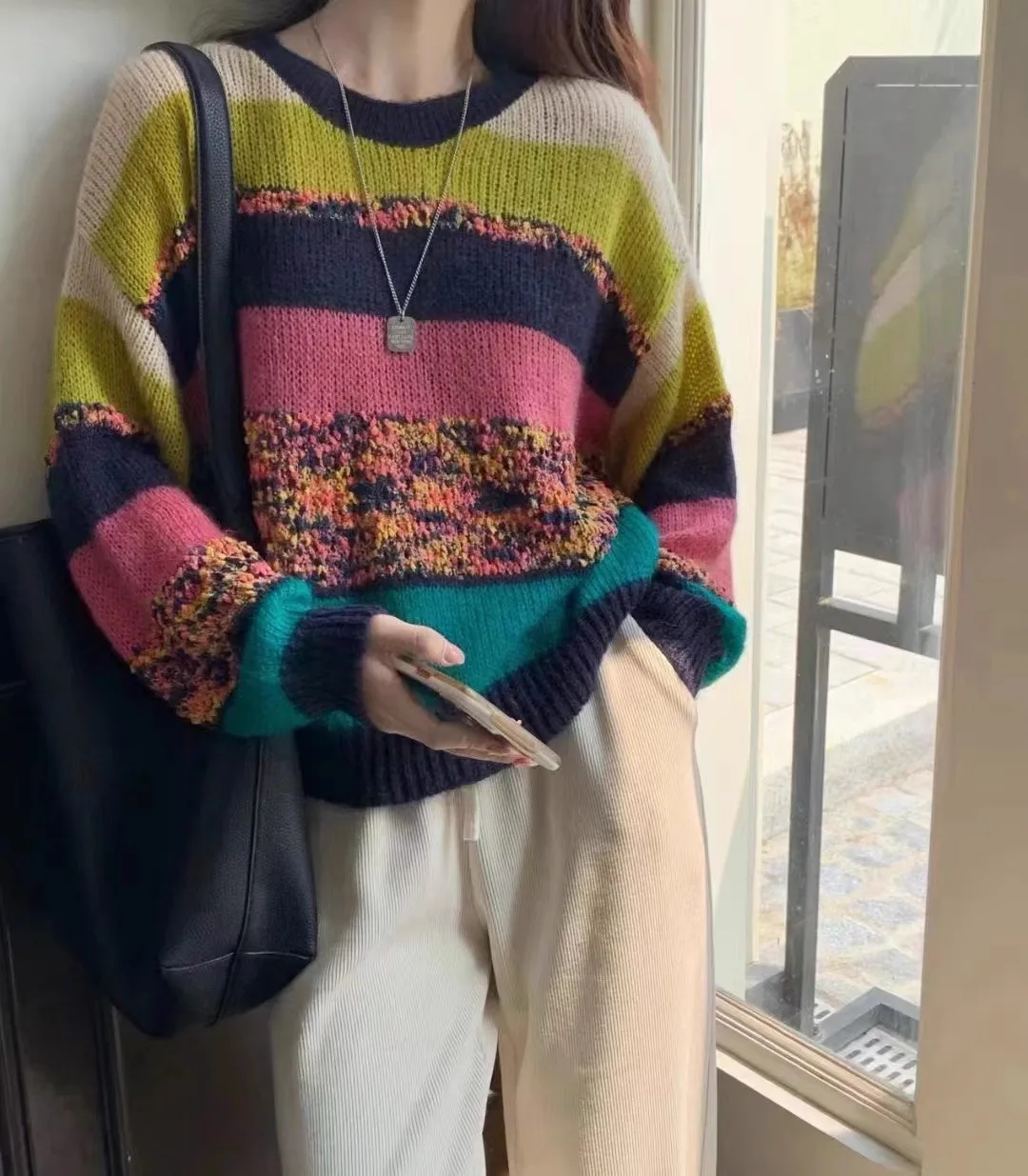 Women's Elegant Colorful Stripe Long Sleeve Loose Short Sweater Lady Autumn Winter Chic O Neck Pullover Jumper
Women's Elegant Colorful Stripe Long Sleeve Loose Short Sweater Lady Autumn Winter Chic O Neck Pullover Jumper