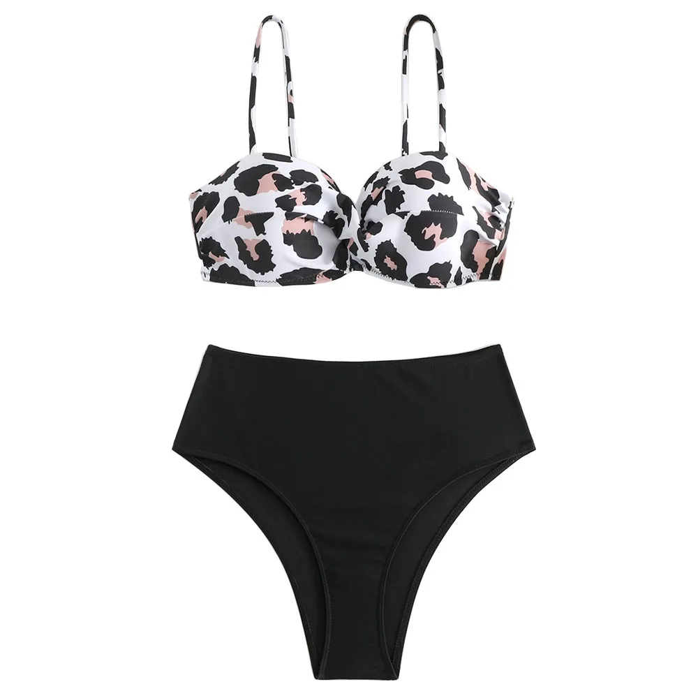 

Two Pieces Bikini Set Leopard Print Swimsuits Twist Front Top & High Waist Panty Swimwear Women Bikini Summer Beachwear XL