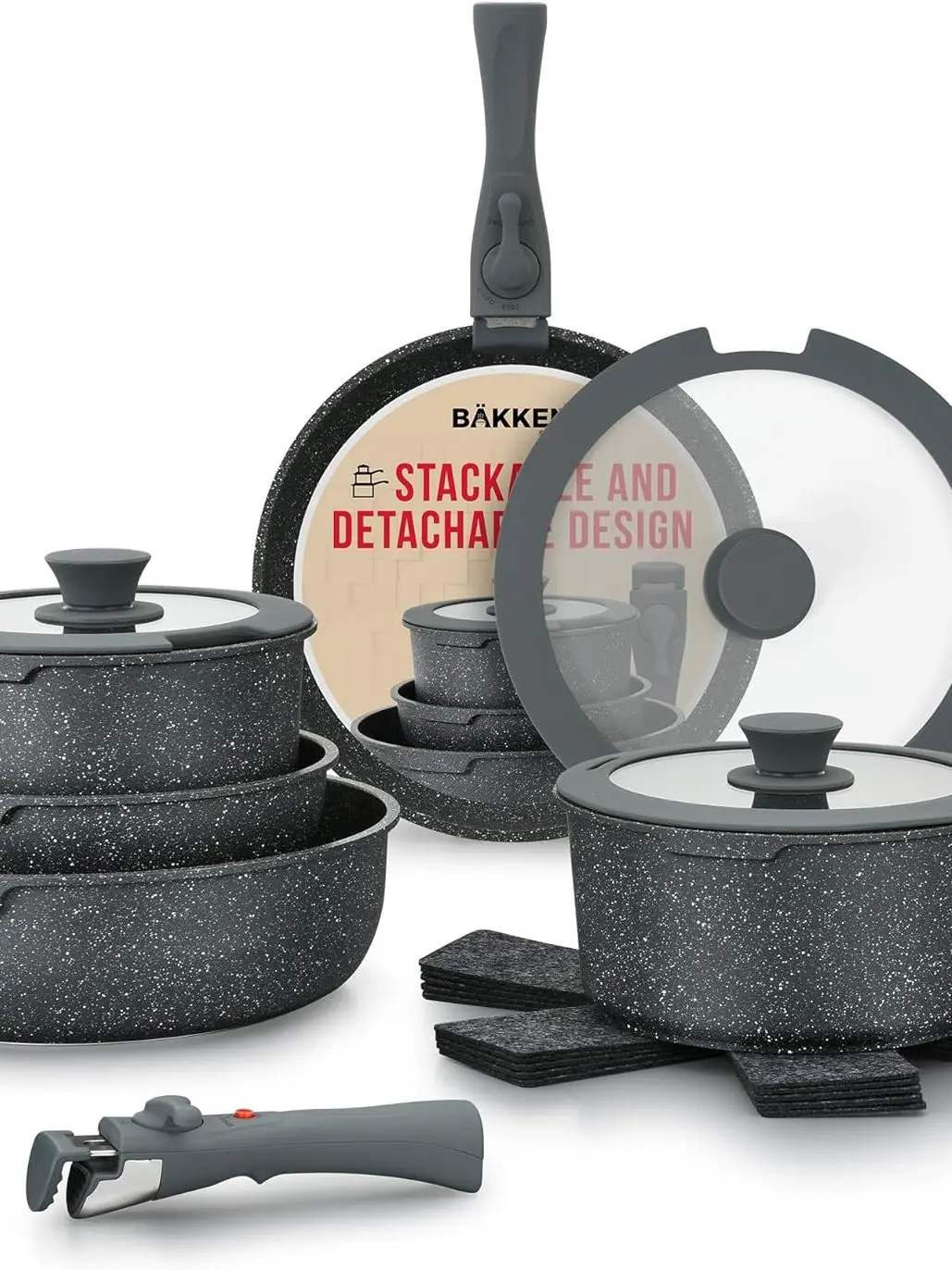 

Bakken-Swiss Detachable 15-Piece Cookware Set – Granite Non-Stick – Eco-Friendly – stackable Removable Handles – for All Stoves