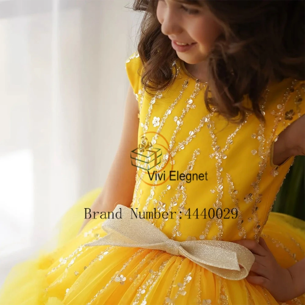 

Gold Sleeveless Flower Girl Dresses for Girls Champagne Bow Tutu Cute Scoop Wedding Party Gowns with Sequined فساتين اطفال للعيد