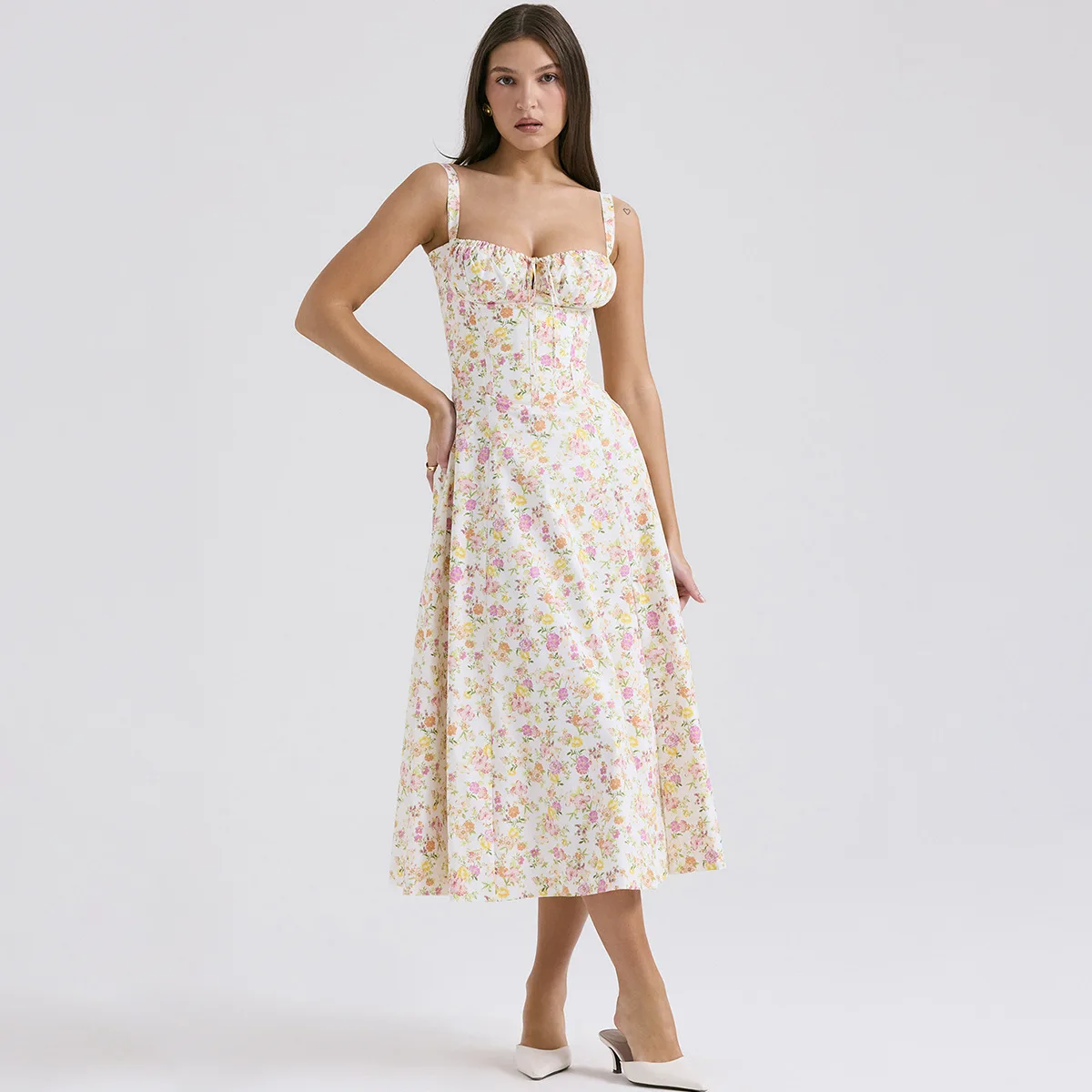 

Minigmingxi 2024 Fashion Summer Floral Print Long Dresses Midi Spaghetti Strap Party Dresses Slit Elegant Dresses for Women