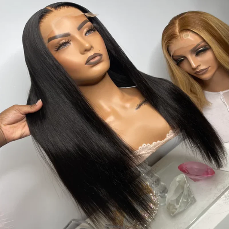 

Soft 26Inch 180% Density Long Glueless Preplucked Black layered hair Silky Straight 13*4 Lace Front Wig With Baby Hair Fiber