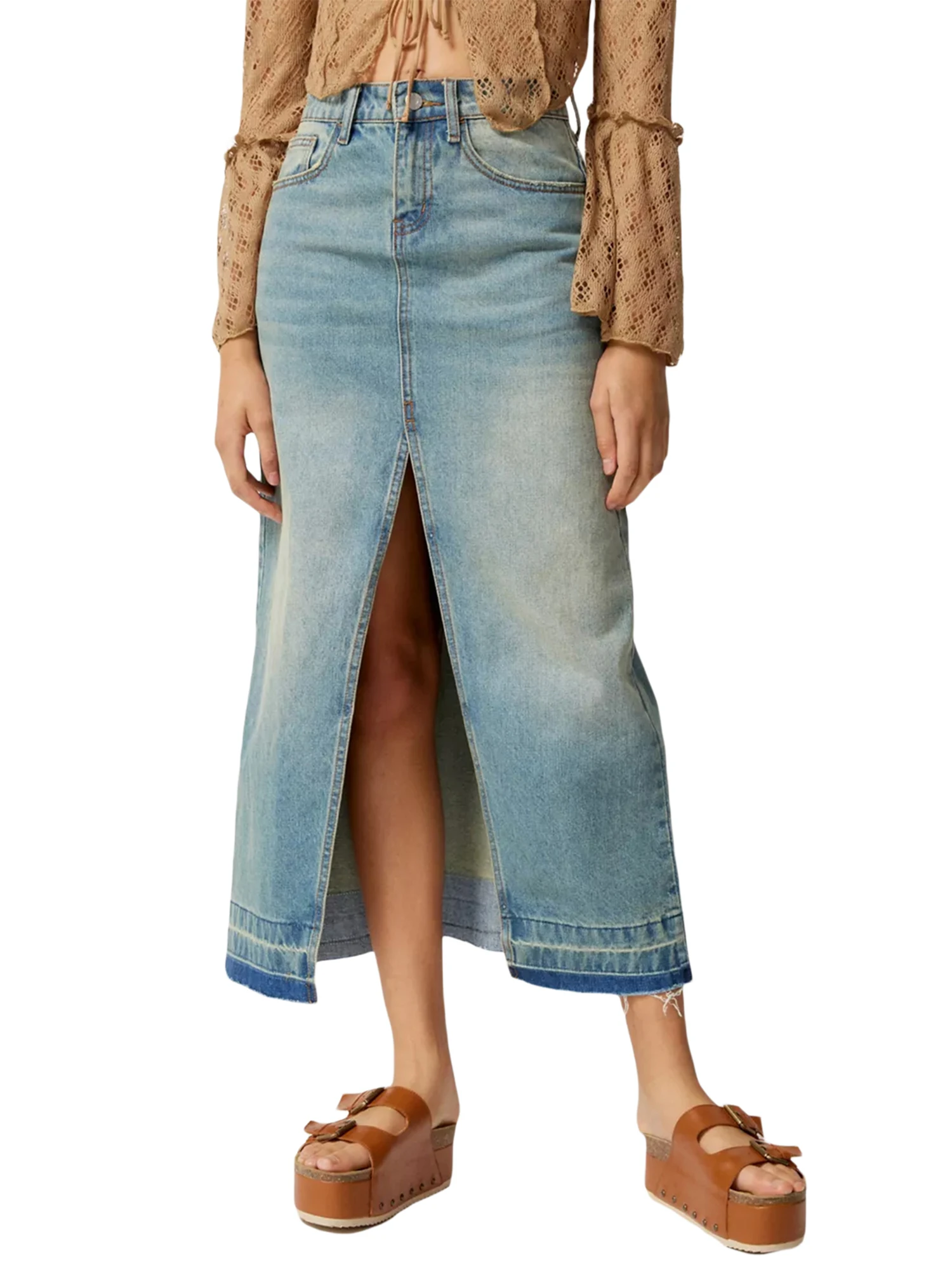 

Women s Vintage Washed Denim Skirt with Distressed Details and Fringed Hemline - Stylish High Waist A-Line Skirt for Casual and