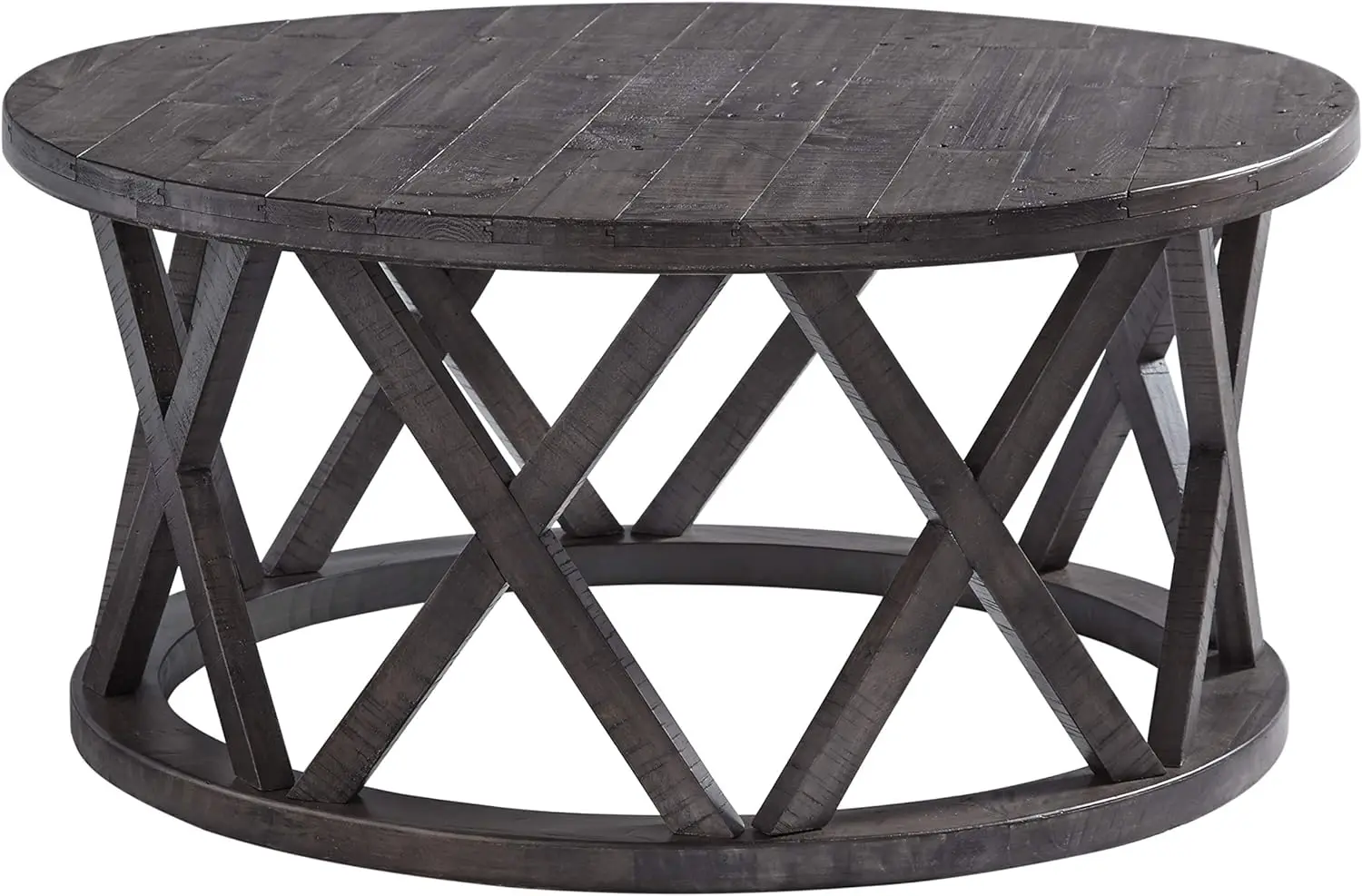 

Design by Ashley Sharzane Rustic Round Solid Wood Pine Coffee Table, Weathered Gray Finish