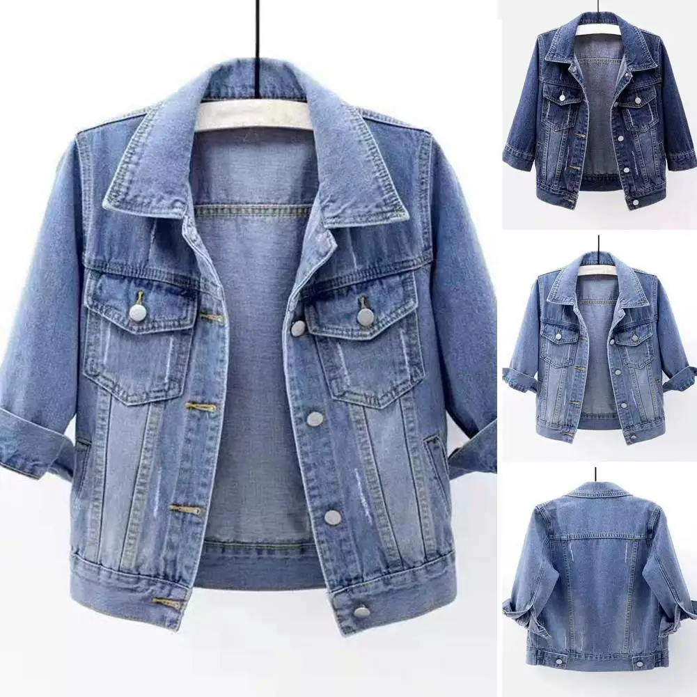 Spring Autumn Women Denim Jacket Lapel 3/4 Sleeve Casual Short Coat Flap Pockets Single Breasted Short Coat Lady Outerwear
Spring Autumn Women Denim Jacket Lapel 3/4 Sleeve Casual Short Coat Flap Pockets Single Breasted Short Coat Lady Outerwear