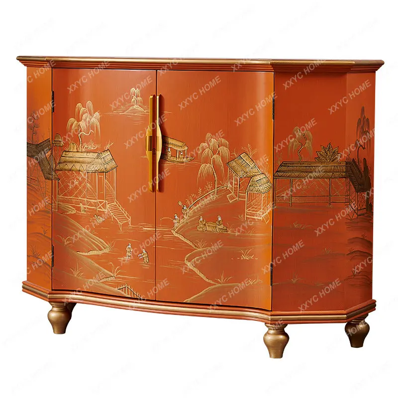 

Country Retro High-End Light Luxury Solid Wood Sideboard Cabinet Orange Chinese Hand Painted Gold Drawing Hallway Cabinet