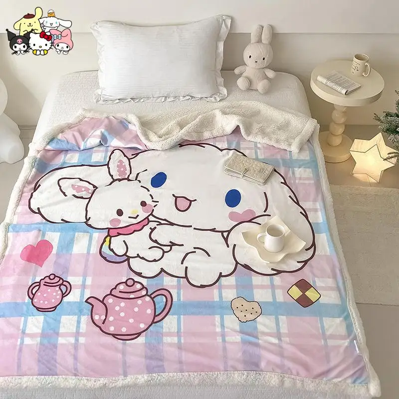

Sanrio Kawaii Cinnamoroll Lamb Plush Blanket Anime Kuromi Cute Cartoon Pochacco Girls Shawl Cover Blanket Car Milk Velvet Gift