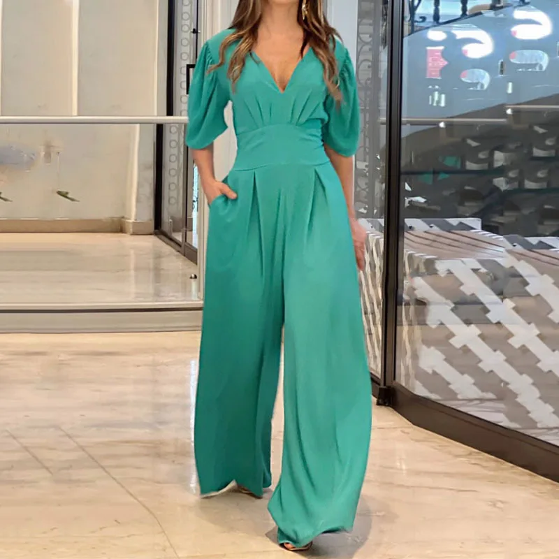 Women's Jumpsuit 2022 Autumn New Fashion Solid Color V-Neck Waist Puff Sleeves Casual Short Sleeved Wide Leg Long Jumpsuit 
Women's Jumpsuit 2022 Autumn New Fashion Solid Color V-Neck Waist Puff Sleeves Casual Short Sleeved Wide Leg Long Jumpsuit