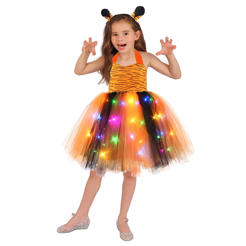 

Child Animal Tiger Cosplay Costume Girls Sequins LED Lights Nylon Mesh Tutu Dress Headdress Tail Kids Birthday Party Gift