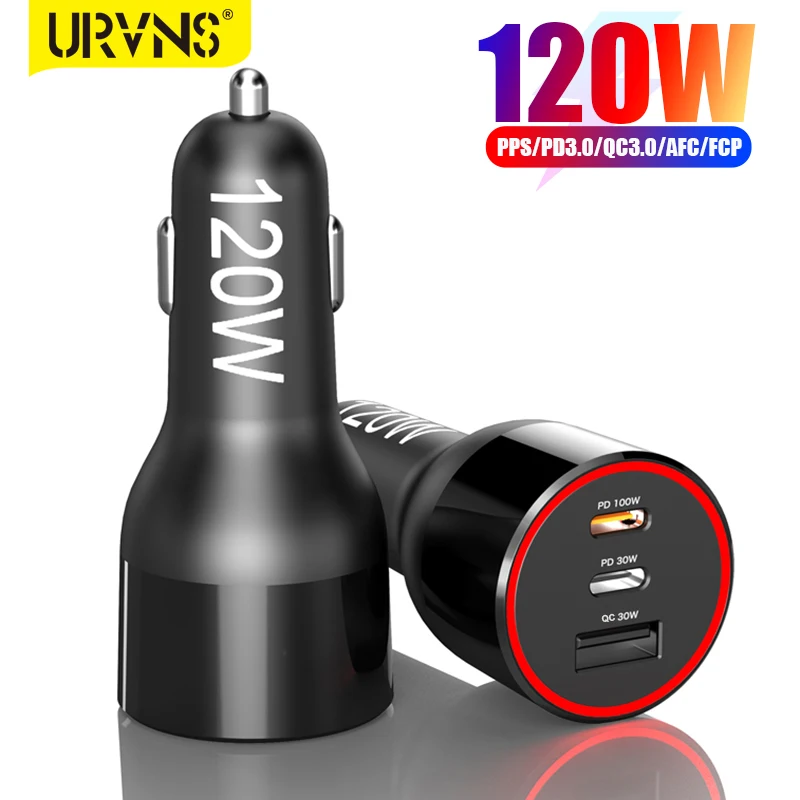 

URVNS 120W USB C Car Charger, 3-Port PD 100W PPS 45W 30W QC5+ Super Fast Charging for iPhone 14 13 12 Galaxy S22 S21 MacBook Pro