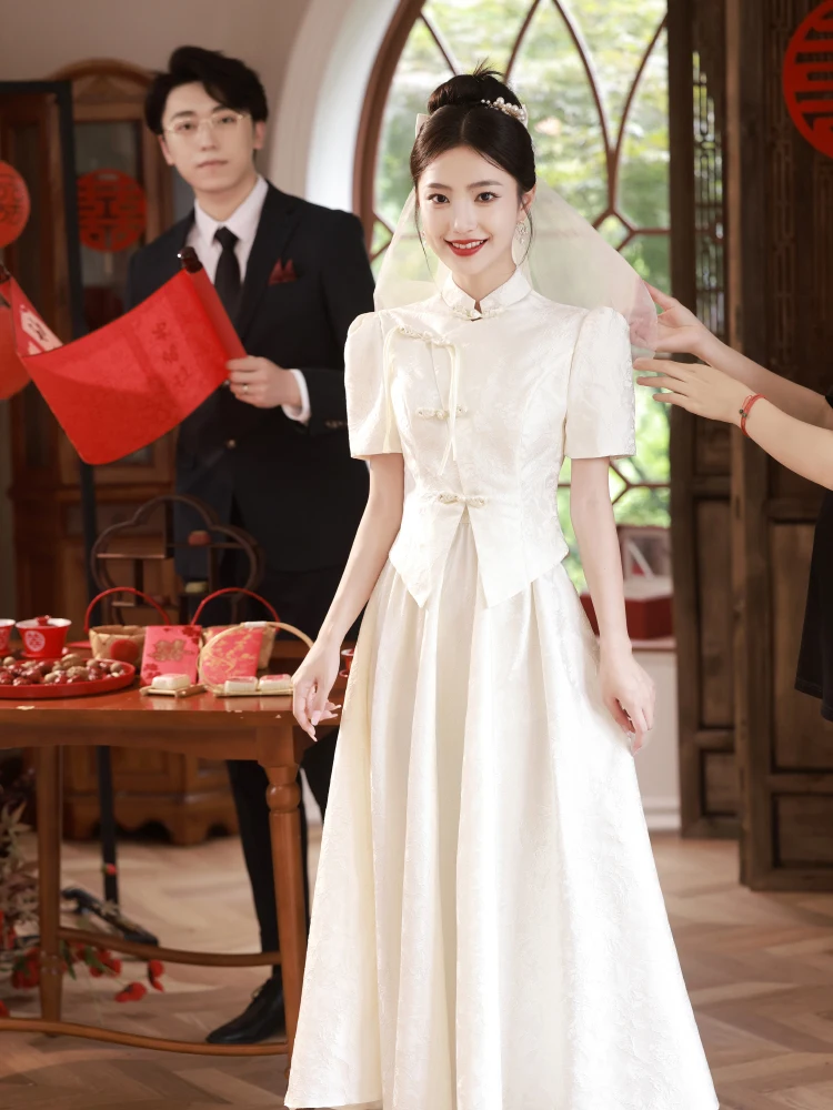 

White engagement cheongsam dress female dress design sense Chinese white skirt slim long section vestidos vestidos