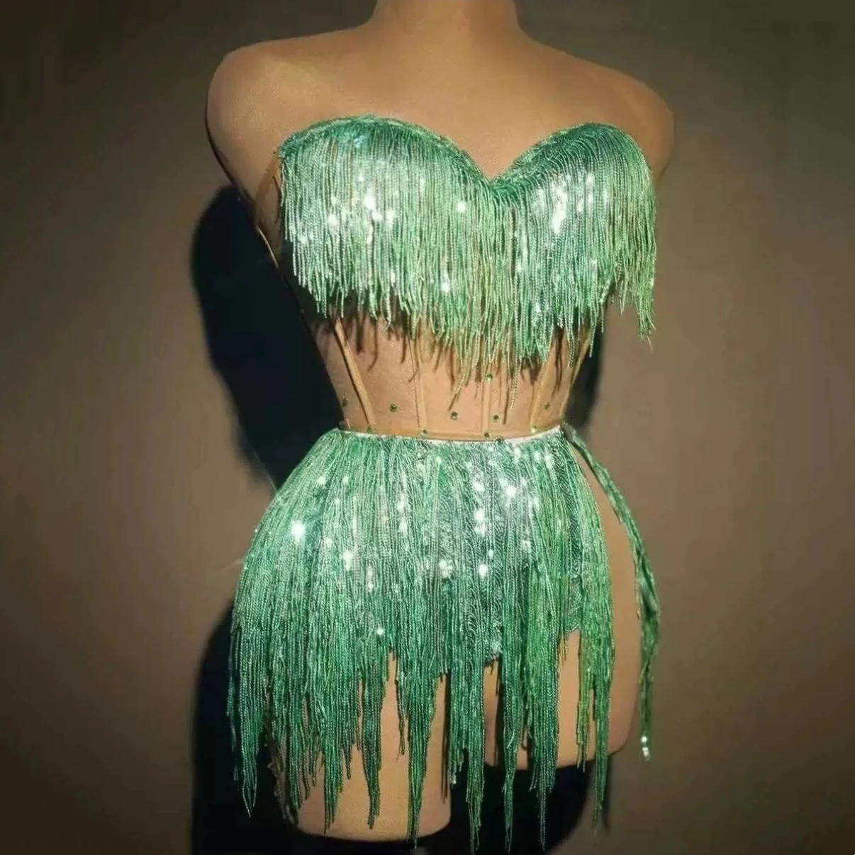 

Shinning Tassels Minty Color Sexy Strapless Tops Sheath Skirt Two-Pieces Evening Party Celebrate Nightclub Performance Costume