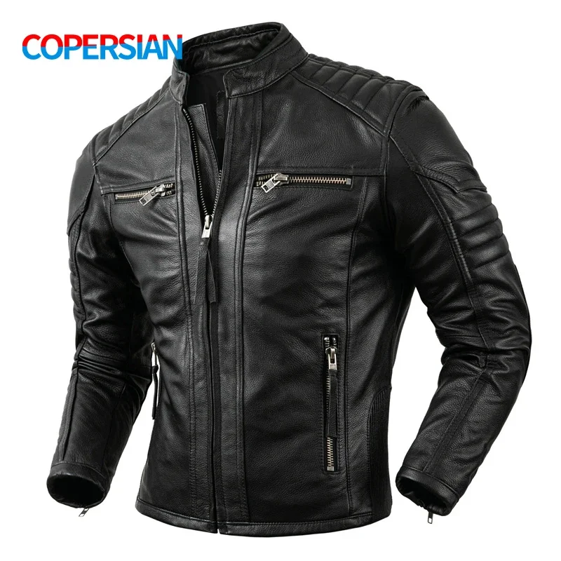 

2024 New Motorcycle Causal Vintage Leather Coat Men Autumn Outfit Fashion Biker Pocket Design Top Layer Cow Jacket