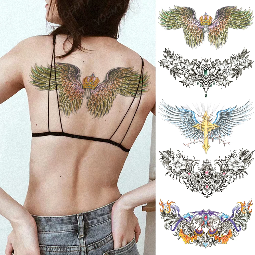 Colorful Sexy Large Chest Tattoo For Women Angel Wings Crown Waterproof Temporary Tatoo Sticker Waist Back Art Men Fake Tattoo 
Colorful Sexy Large Chest Tattoo For Women Angel Wings Crown Waterproof Temporary Tatoo Sticker Waist Back Art Men Fake Tattoo