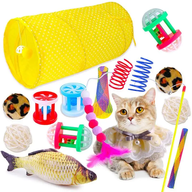 

Kitten Toy Set 16pcs Cat Toys Kitten Toys Variety Catnip Toys With Rainbow Tunnel Interactive Cat Feather Teaser Fish Crinkle